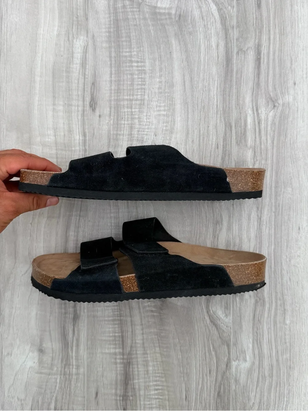 Zara Black Double-Strap Slide Sandals with Tan Footbed